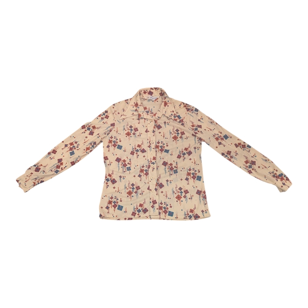 RARE Vtg 70s Jan Celeste Geometric Dagger Collar Cream Multicolored Blouse-Sz M